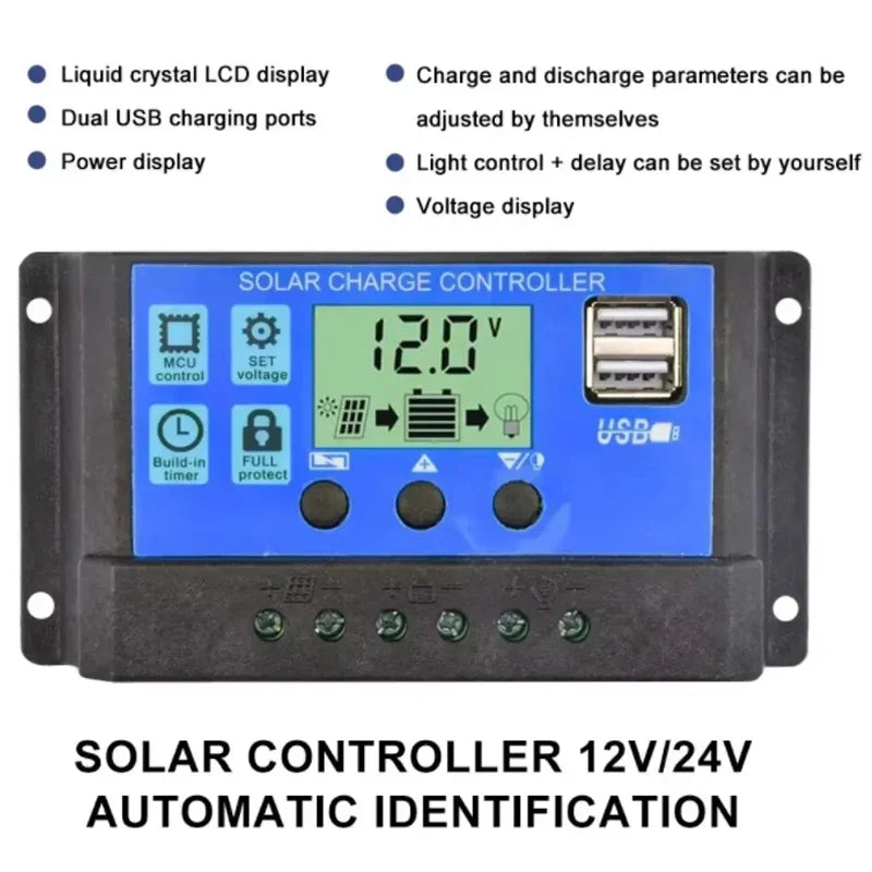 Solar Charge Controller, Photovoltaic Panel PV Regulator, Load Discharger, Auto LCD, Dual USB, 5V Output, 12V, 24V, 30A, 10A