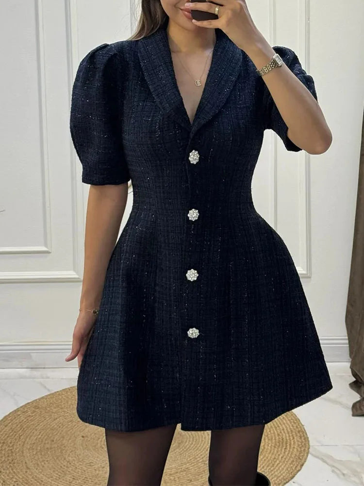 Exquisite casual dress spring and autumn new style lapel short sleeved solid color waist cinched princess style short skirt