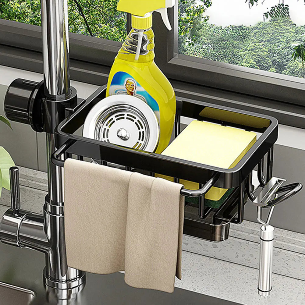 Kitchen Sink Faucet Organizer Detachable Over Faucet Sink Caddy Organizer Faucet Drain Rack with Hook Work with Round Water Pipe
