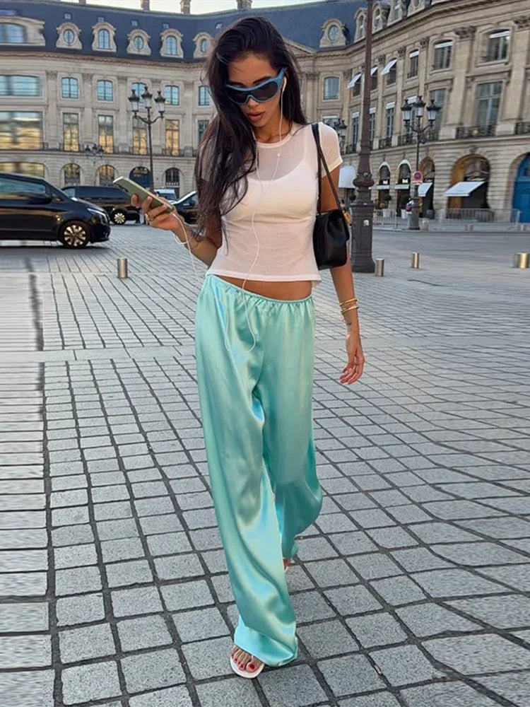 Women Satin Stand Collar Loose Jacket 2 Piece Set Long Sleeve Zip Coat Elastic Waist Pants Matching Co Ord 2026 Casual Outfits