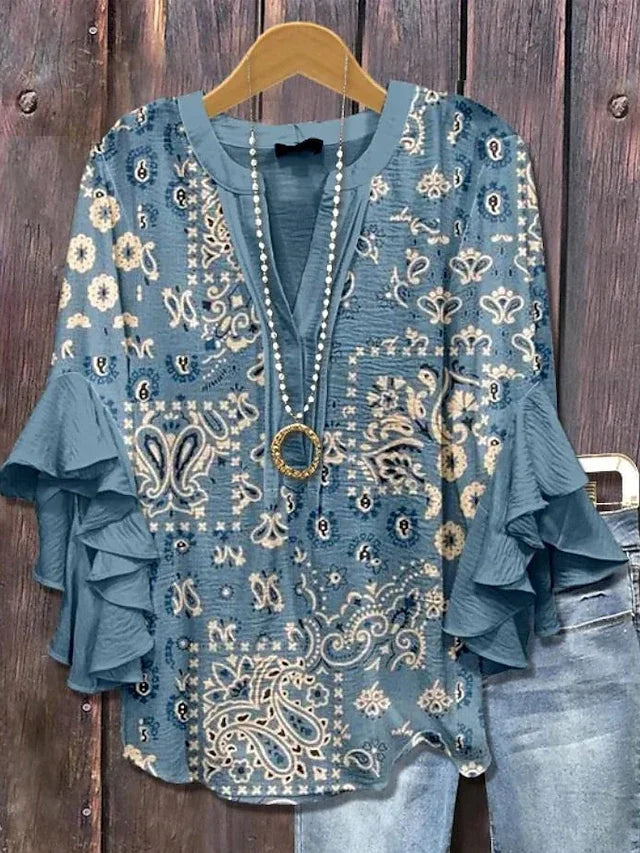Women's Floral Print Ruffle Sleeve Blouse Casual Loose Fit Soft Comfortable Shirt Top for Daily Office Wear