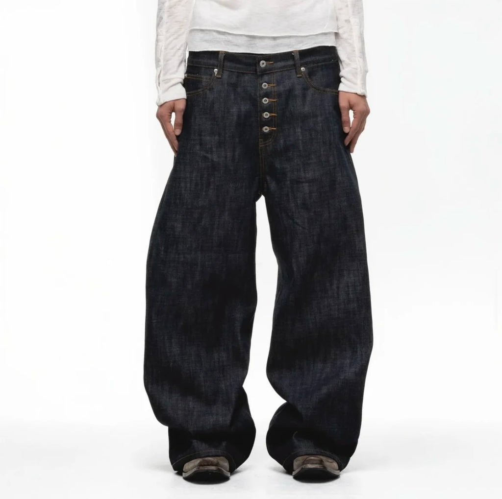 Japanese Raw Denim Loose Fit Jeans Classic Unwashed Cotton Workwear Baggy Trousers for Men