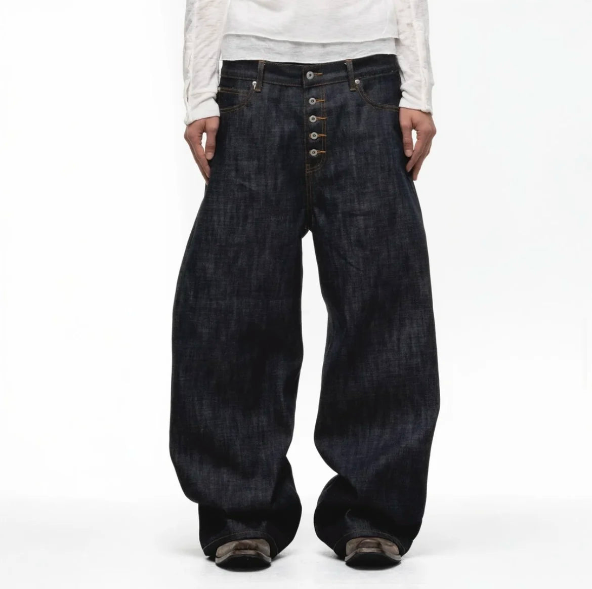 Japanese Raw Denim Loose Fit Jeans Classic Unwashed Cotton Workwear Baggy Trousers for Men
