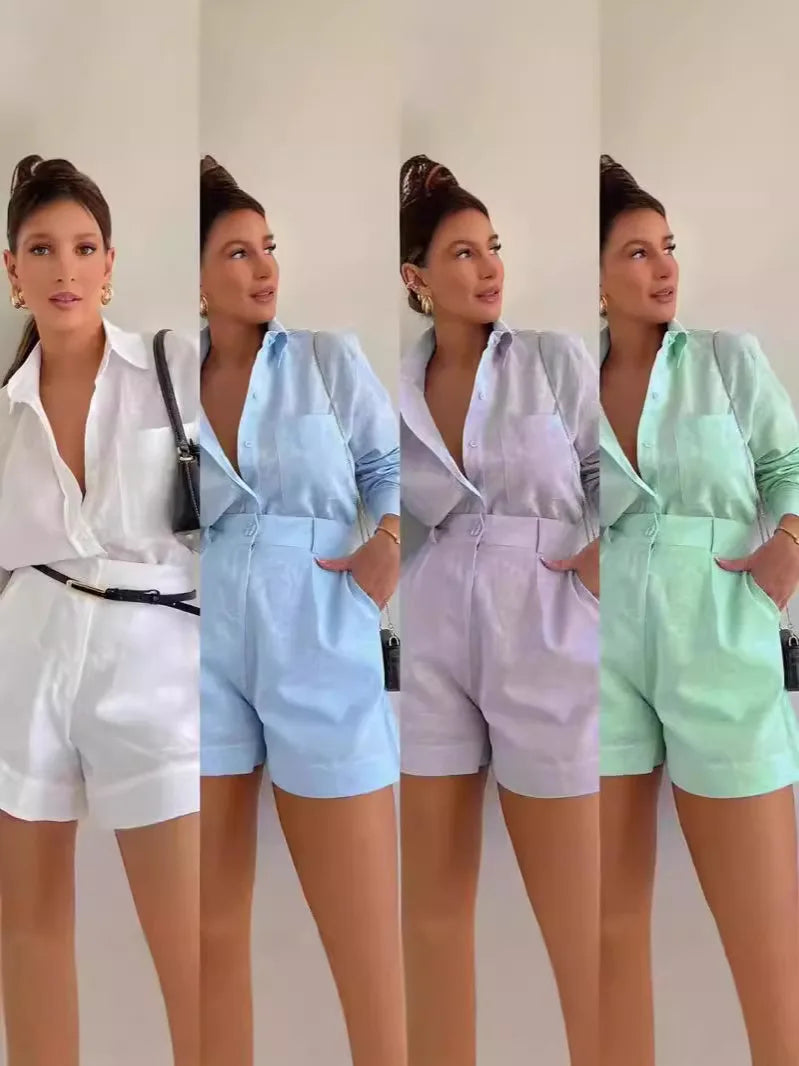 2026 New Women's Long Sleeve 2-Piece Set Casual Button Detail Shorts Outfit Shirt Top Summer Fashion Female Suit Y2k Clothing