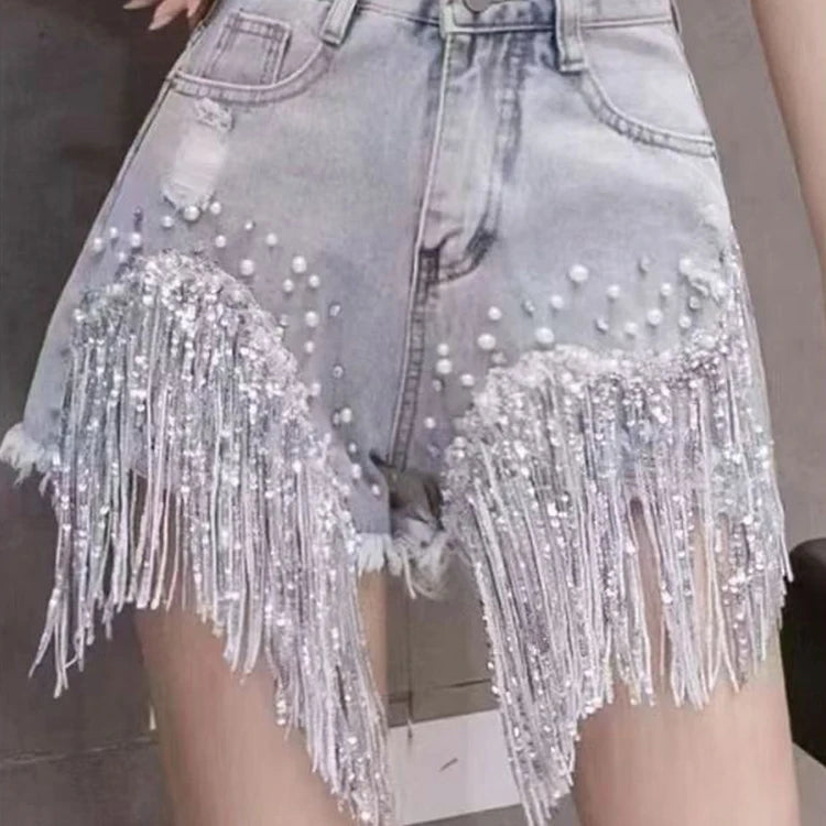 Heavy industry nail bead sequins tassel denim women niche design sense summer new versatile high-end slimming short pants
