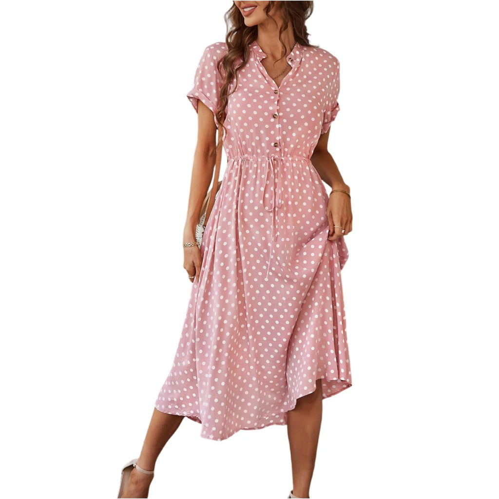 Elegant retro polka dot dress Women's Summer Midi Dress V Neck Single Breasted Short Sleeve Dresses Fashion Print Dress