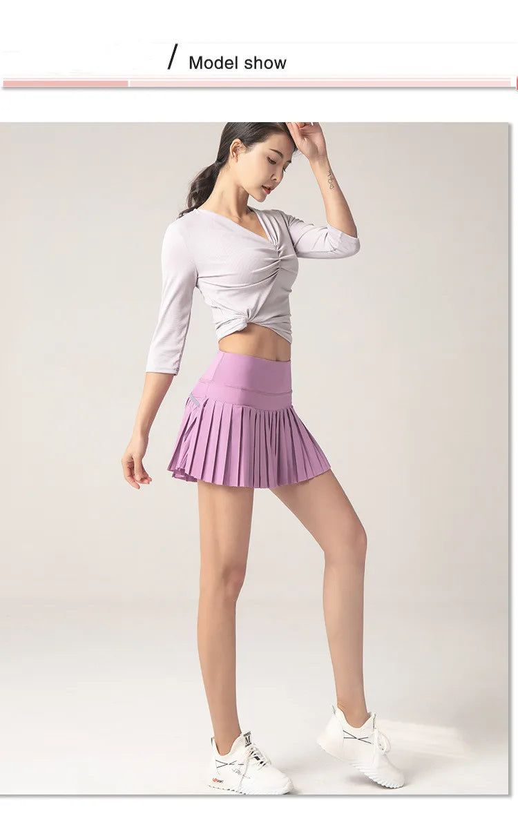 Summer Women Sports Anti Exposure Pleated Golf Tennis Skirts Fitness High Waist Elastic Athletic Run Shorts With Pocket