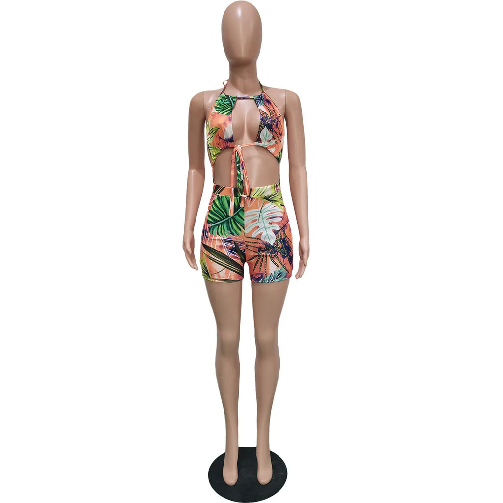 Women Rompers Outfit Halter Neck Cutout Crop Top Tie Front High Waist Biker Shorts Tie-Dye Design Summer Beach Short Jumpsuit