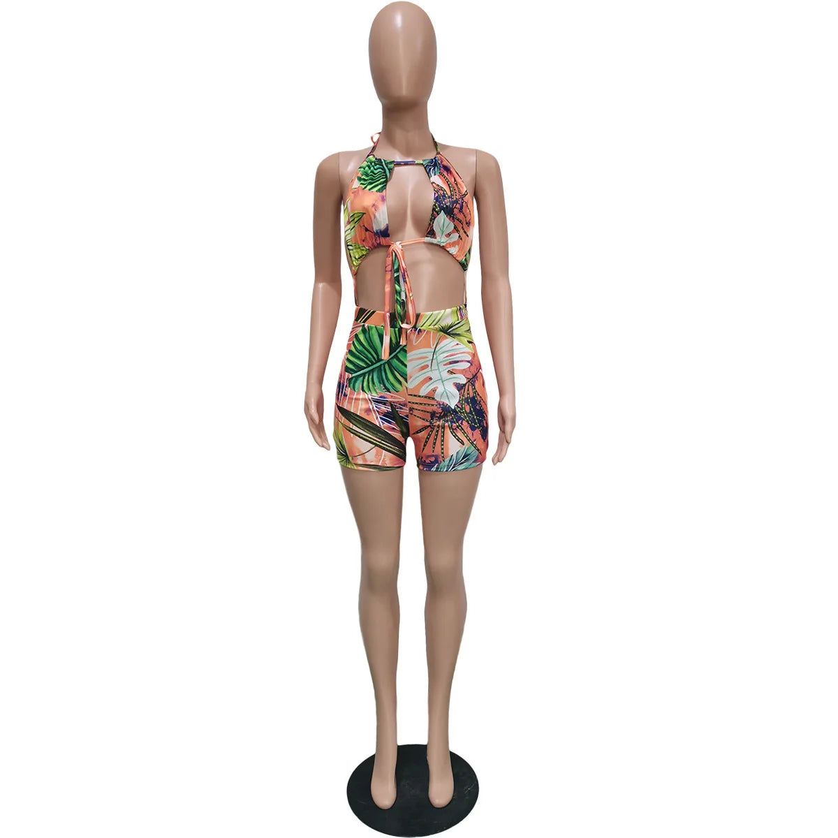 Women Rompers Outfit Halter Neck Cutout Crop Top Tie Front High Waist Biker Shorts Tie-Dye Design Summer Beach Short Jumpsuit