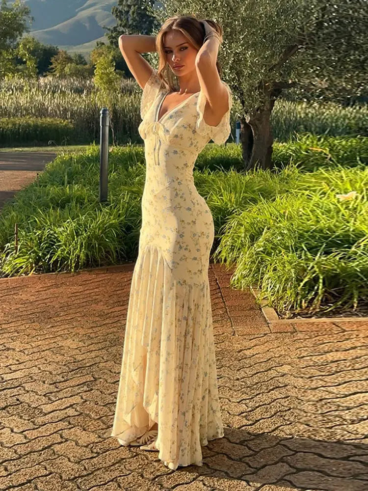 Elegant Sexy Print Fish Dress Women V Neck Short Sleeves High Waist Ruffles Split Vestidos Female 2026 Summer New Chic Dresses