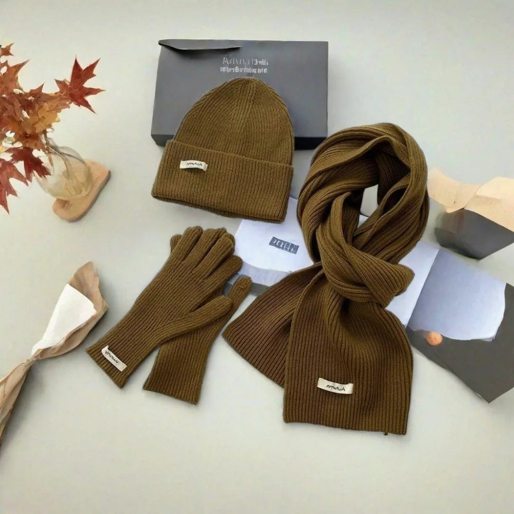 Knitted Winter Scarf Woman Solid Color Hat Scarf Gloves Women's Windproof Adult Three-piece Set Fashion Women's Scarf Hat Set