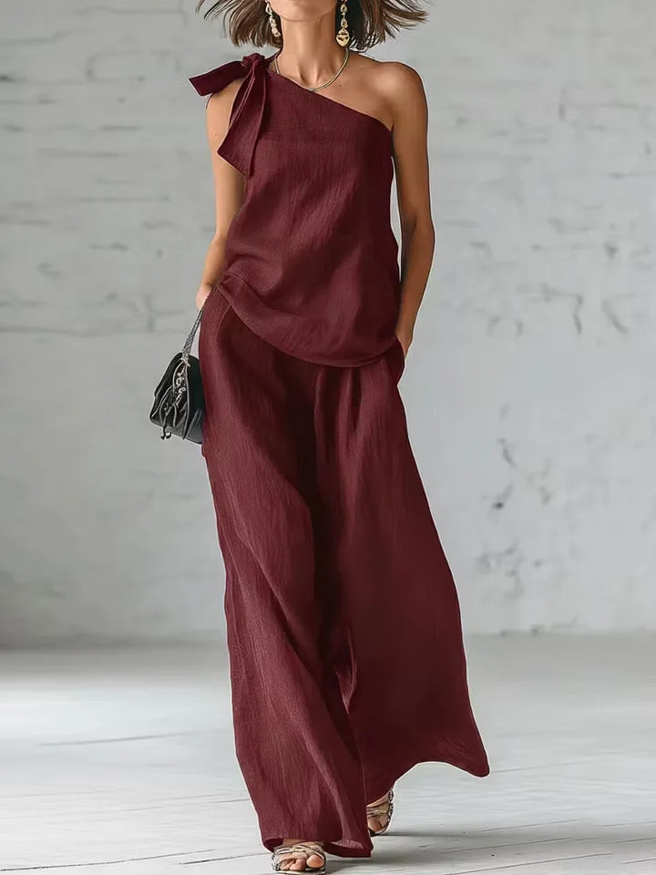 Women's 2 Piece Set 2026 Summer Sexy One Shoulder Tie Knot Top And Wide Leg Pants Suit Casual Loose Summer Beach Vacation Outfit