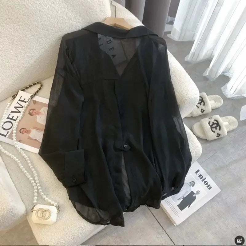 Fashion Back Slit Chiffon Sun Protection Blouse Women Summer New Loose Thin Tops Y2K Korean Chic Long Sleeve Lapel Shirts