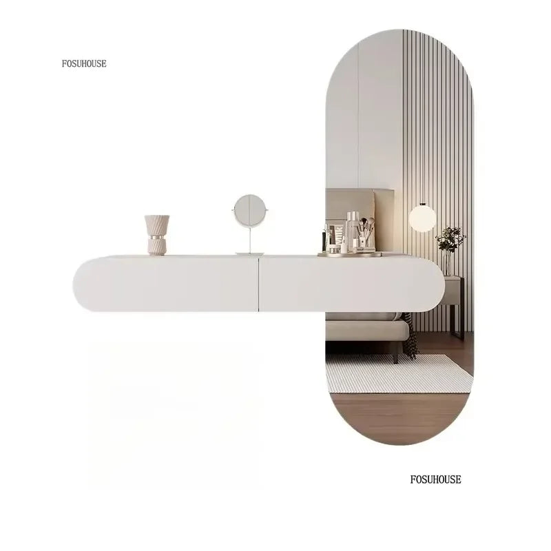 Cream Minimalist Wall Mounted Dressing Table with Mirror for Bedroom Furniture Suspended Vanity Set for Modern Home Decor