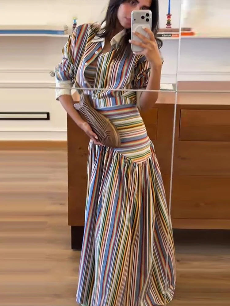 Multicolor Striped Shirt 2 Picec Set Button Front Blouse High Waist Flared Hem Maxi Skirt 2026 Summer Elegant Lady Vacation Suit