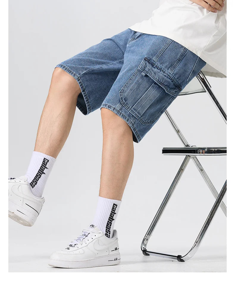Men's Fashion Cargo Denim Shorts Summer Streetwear Multi-Pocket Casual Knee Length Stretch Five-Point Jeans Shorts Male Trendy