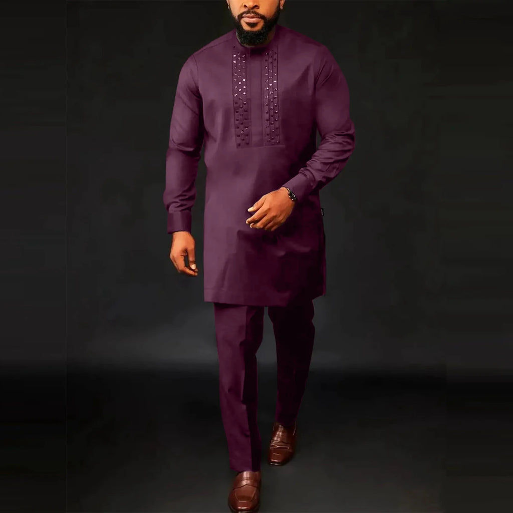 2024 Luxury Men's Suit Set Kaunda Suit Tuxedo Outfits Pocket Top Pants African Ethnic Wedding Gentleman 2pcs Sets Suit Outfits