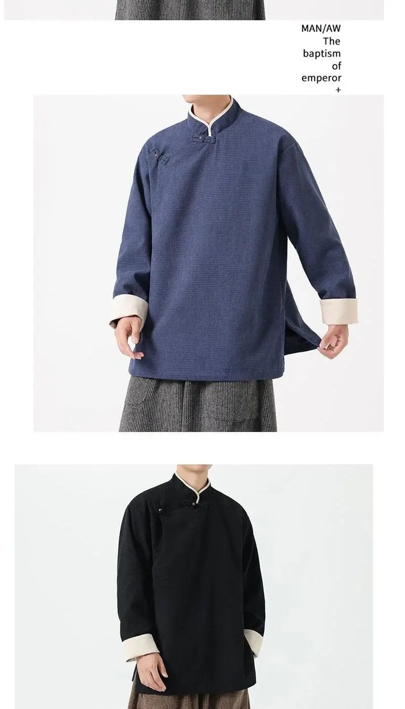 Autumn Winter Chinese Style Blouse Long-sleeved Jacket Men's Chinese Tang Suit Hanfu Lay Buddhist Zen Suit Tea Suit Slanted Top