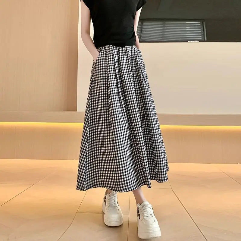 Black White Checkered A-line Skirt Women Summer Lightweight High Waisted Long Skirt for Petite Slimming Casual 2025 New