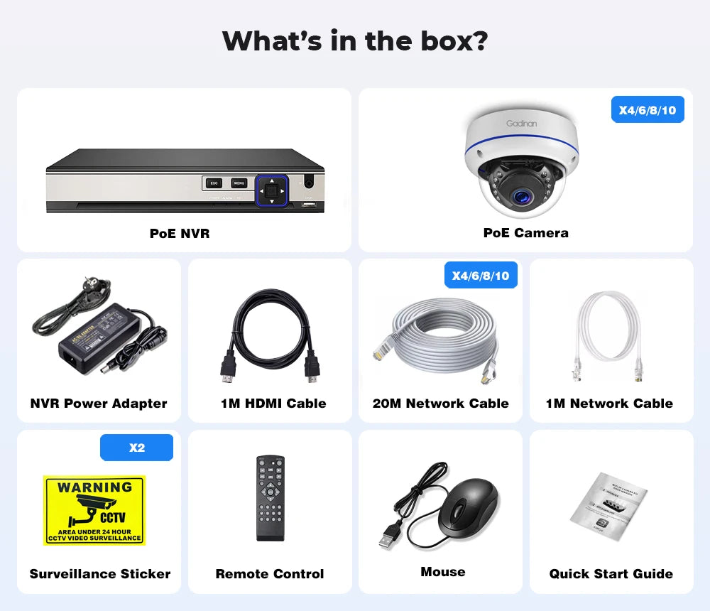 Gadinan 10CH 8MP 4K POE Dome Security Camera System IP Set 4MP Vandal-proof Home Audio CCTV Video Surveillance Protection Kit