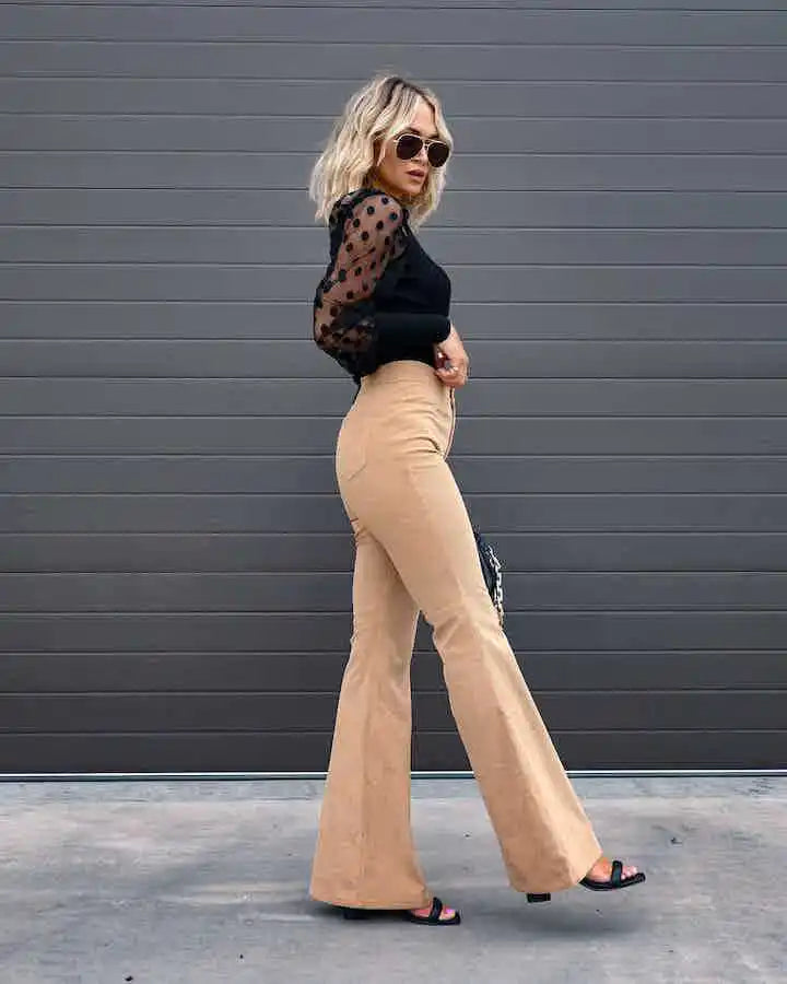 Fashionable Retro Women's Slightly Flared Pants Autumn And Winter Solid Color High Waist Button Slim Pants For Dating And Office