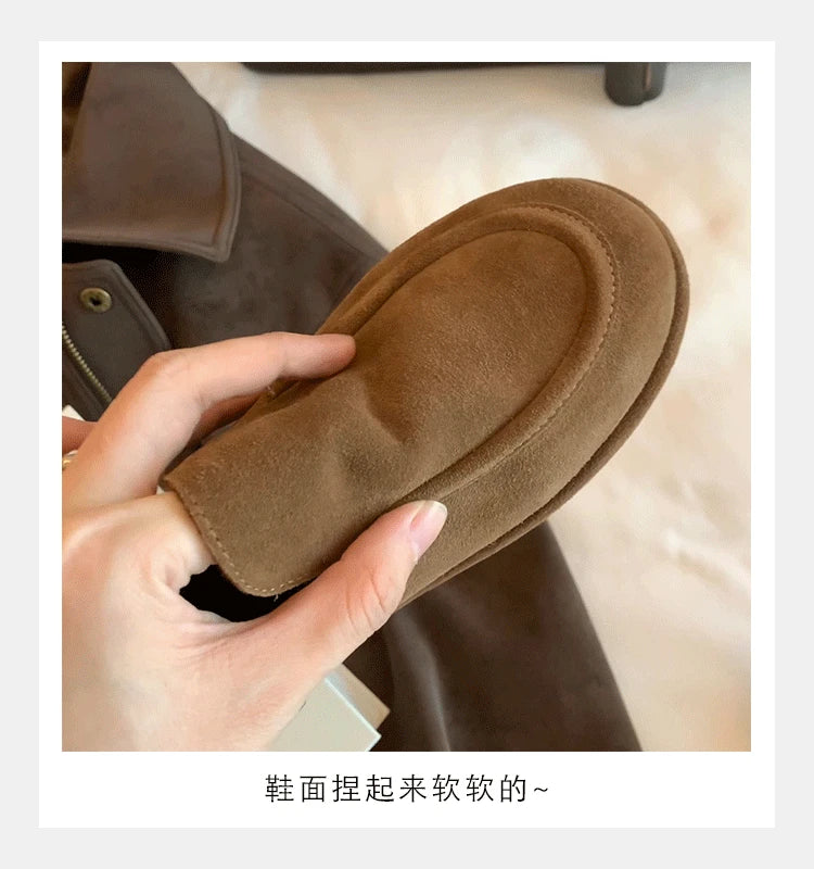 New Suede Leather Loafers Woman Round Toe Slip-on Casual Flat Shoes Wool Warm Winter Shoes Outdoors Walk Shoes Women