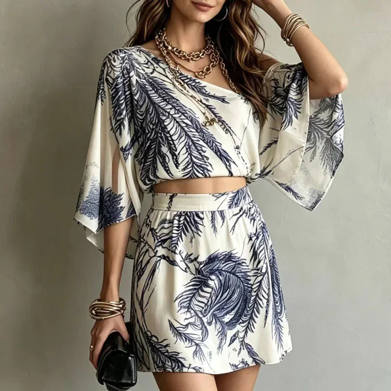 ROSAVA Women Fashion Leaf Print Bohemian Vacation Outfit Sexy Skew Collar Hollow Top A Line Skirt Suit Spring Flare Sleeve Loose