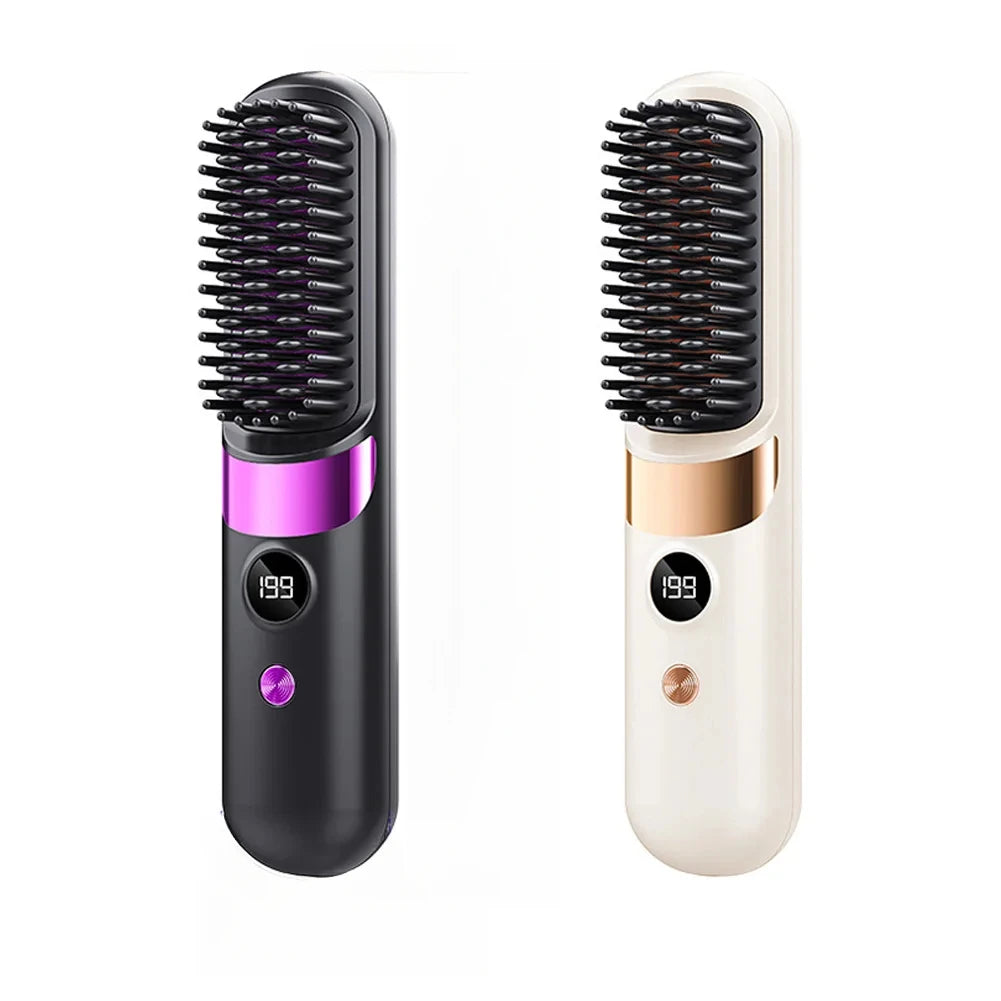 1Pc USB Charging Portable Hair Straightener Brush, Cordless Straightening Comb LED Display & Ceramic Coating, Ionic Technology
