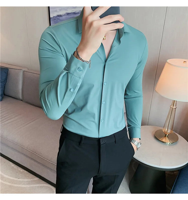 Men's Ultra Stretch Seamless Long Sleeve Shirt Top Quality Business Casual Breathable Stretchable Solid Color Formal Dress Shirt