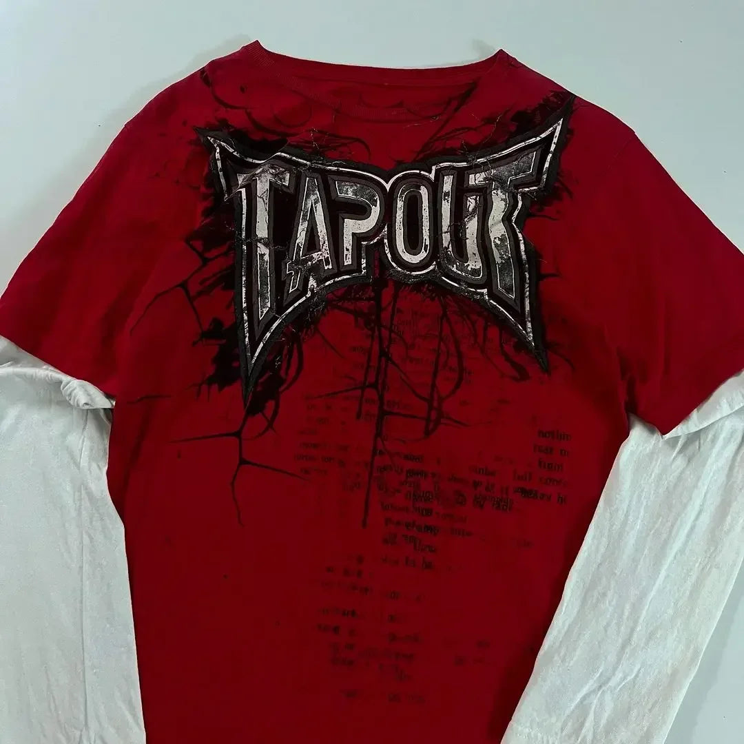 New American Y2K Street Personality Men's T-shirt Hip-hop Red Taptus Print Round Neck Ins Couple Oversized Long-sleeved Top