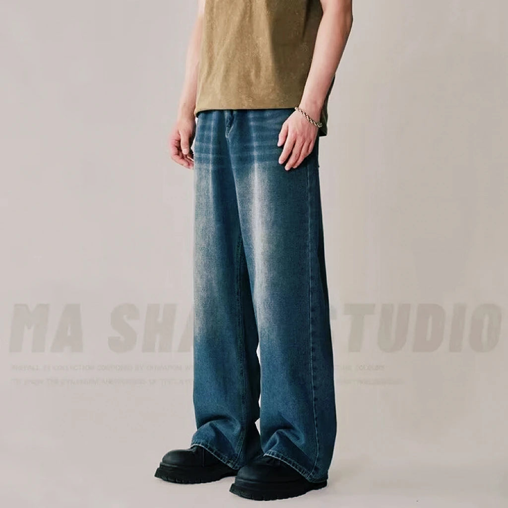 Spring Autumn Men's New Denim Pants Old Blue Washed Casual Jeans Menwear Loose New Fashion Contrasting Color Wide Leg Trousers