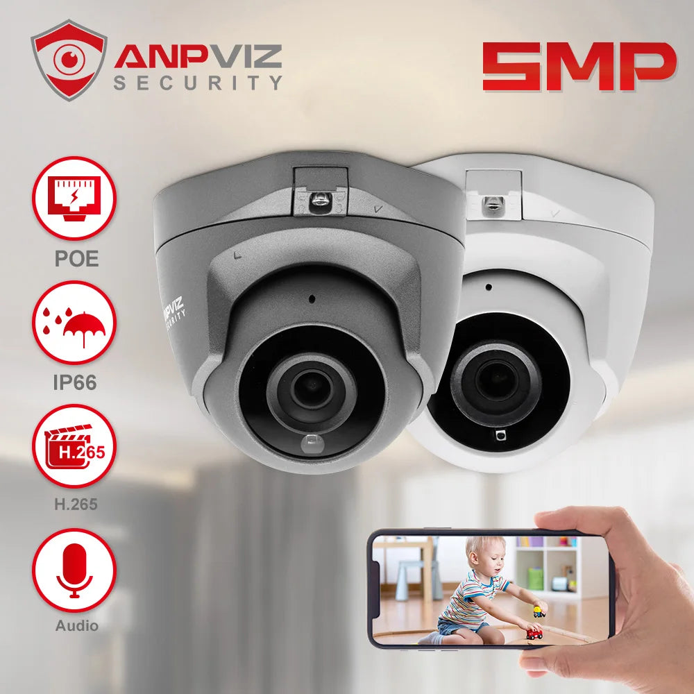 Anpviz 5MP POE IP Camera Indoor Mini Dome Security Video Surveillance Audio Built-in Mic H.265 VideoLink App IR 30M CCTV Camera