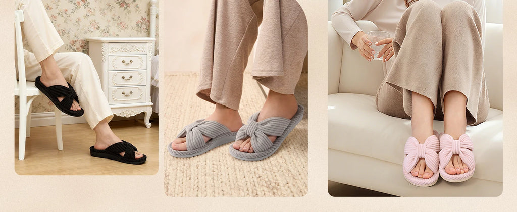 Comwarm Orthopedic House Slippers for Women Arch Support Cross Bow Indoor Slippers Corduroy Bedroom Shoes Open Toe Slip On