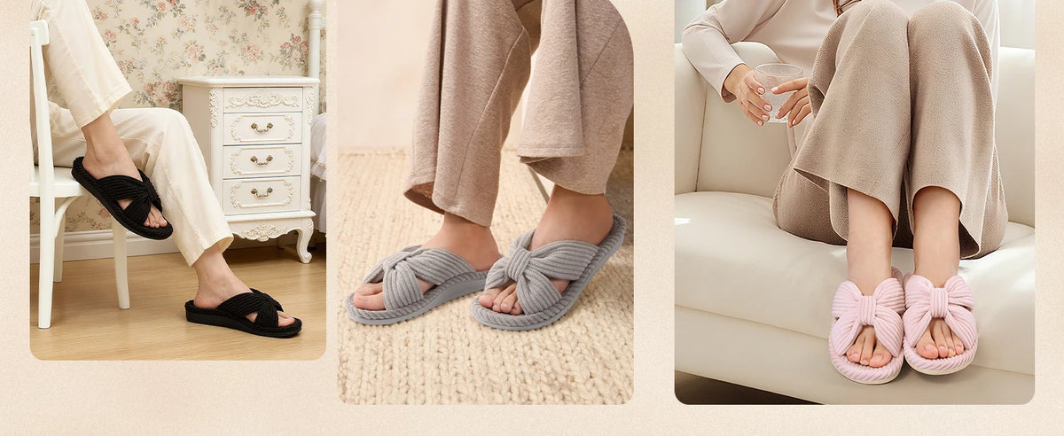 Comwarm Orthopedic House Slippers for Women Arch Support Cross Bow Indoor Slippers Corduroy Bedroom Shoes Open Toe Slip On