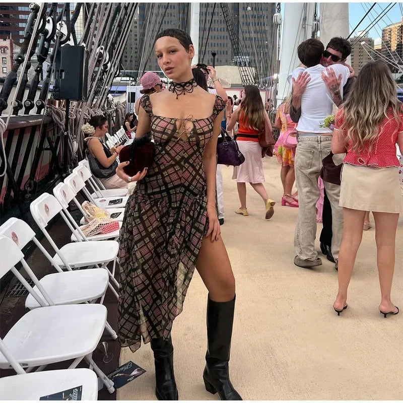 Plaid Off Shoulder Long Dress Women Chic Tie Front Cutout Ruched Asymmetric Hem Sundress 2026 Summer Lady Casual Daily Vestidos
