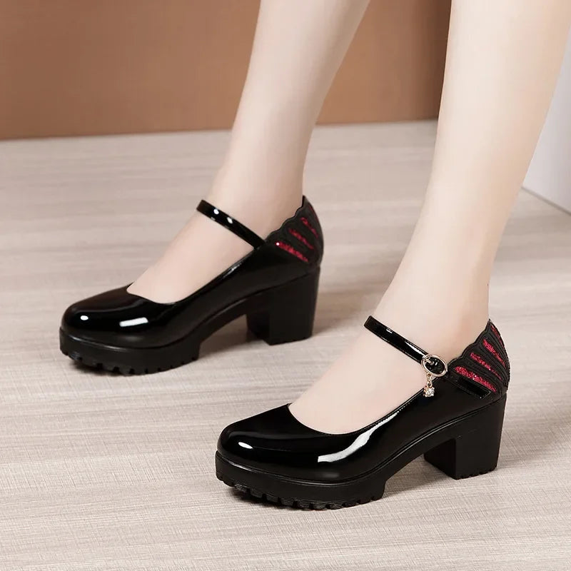 6 8 10cm Small Size 32-43 Shallow Patent Leather Shoes Women Mary Janes 2025 Fall Block Heels Shoes Platform Pumps Office Mom