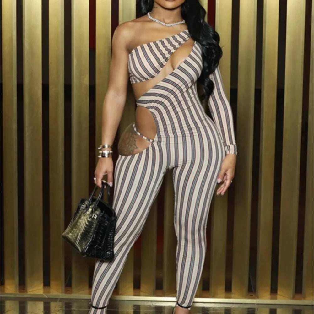 Fashion Women's Sexy Hollow Jumpsuit 2025 Spring Ruched Irregular Hipster Club Stripes Print Full Sleeve Midnight Party Overalls