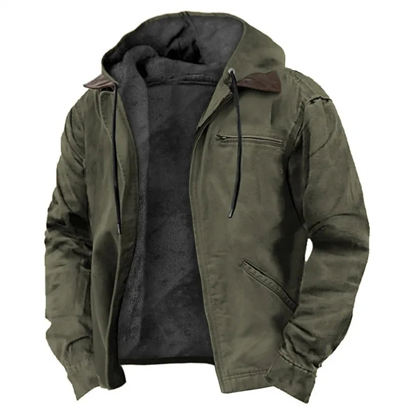 Winter New Men Casual Jackets Hooded Zipper Pocket Fashion Solid Color Fleece Warm Outerwear Male Outdoor Hooded Hoodie Coats