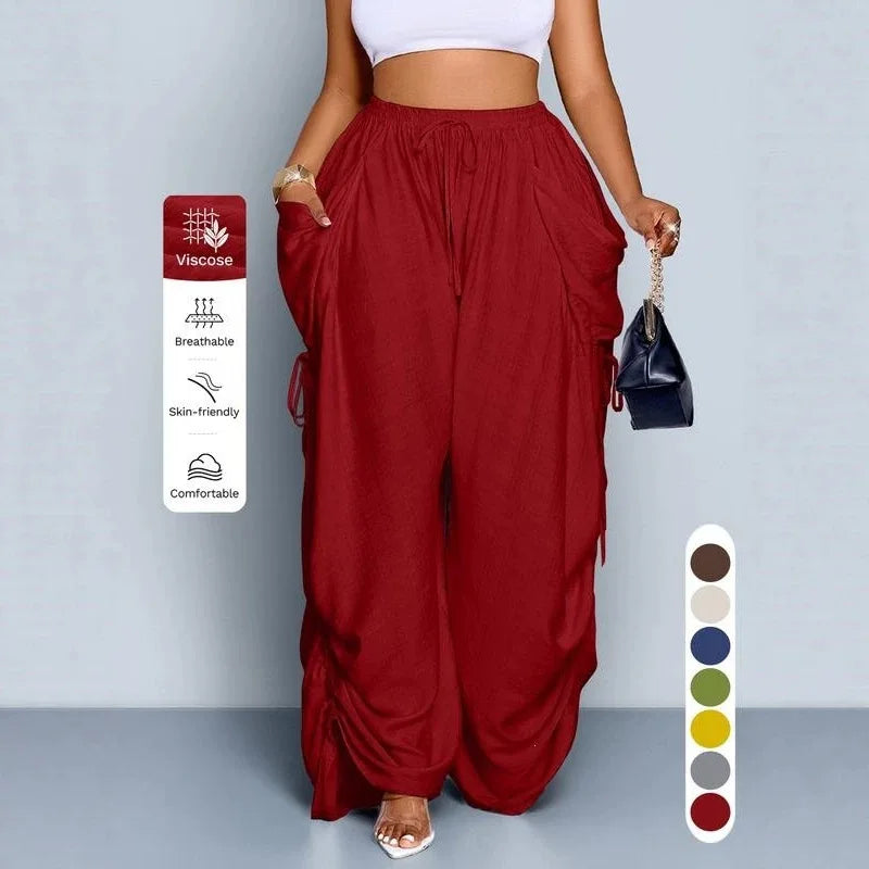 Loose Wide Leg Pants Drawstring Elastic Waist Pure Color Casual Trousers Women's High Waist Straight Cut Summer Fashion