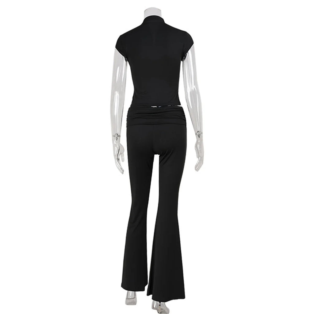 Women Fashion Sexy Short Sleeves Suit Casual Sheath Hollow Out 2 Pieces (Tops+Long Pant) Matching Sets Female Street Tracksuit