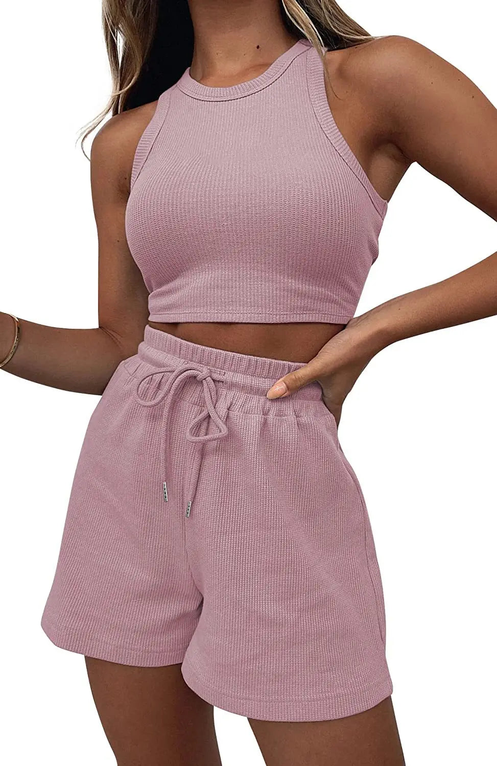 Women Shorts Outfit Solid Sleeveless Ribbed Crop Tank And Drawstring Shorts Casual Tracksuit Workout Set 2 Piece Lounge Set