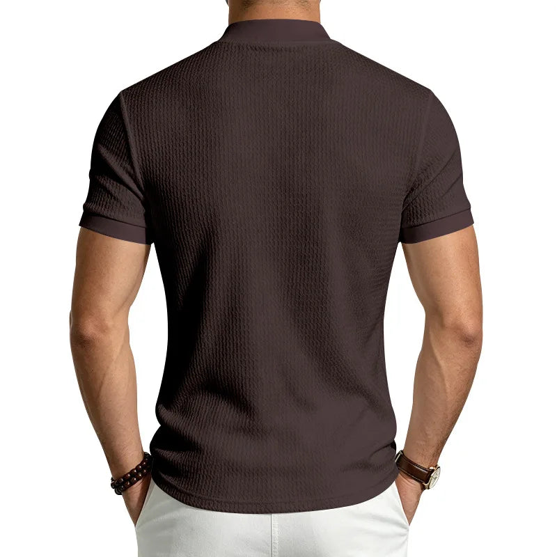Men Summer Solid Jacquard Textured Mock Neck Short Sleeve T Shirt Slim Fit Simple Versatile Casual Daily Male Basic Tees