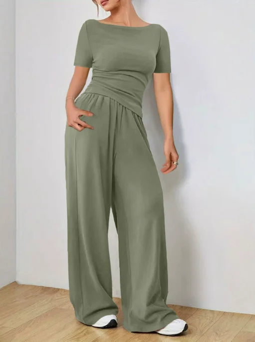 Trendy Slim Solid Color Trousers Suit For Women Simple Slim Irregular T-shirt Wide-leg Trousers Two-piece Casual Spring Suit