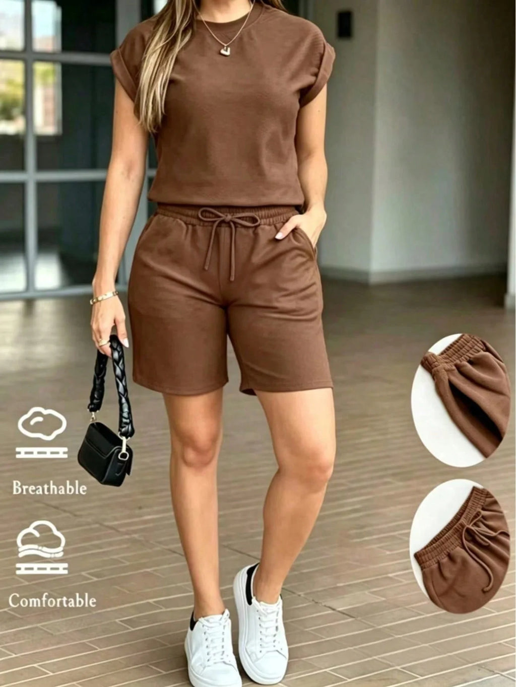 Women's Two-Piece Set, Solid Color Casual Pocket Drawstring Shorts Set, Two-Piece Home Wear for Spring and Summer