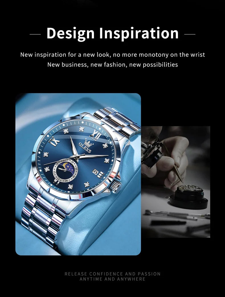 OLEVS 2956 Mens Watch Business Original Quartz Watch Large Dial Waterproof Luminous Automatic Date Moon Phase Watches For Man