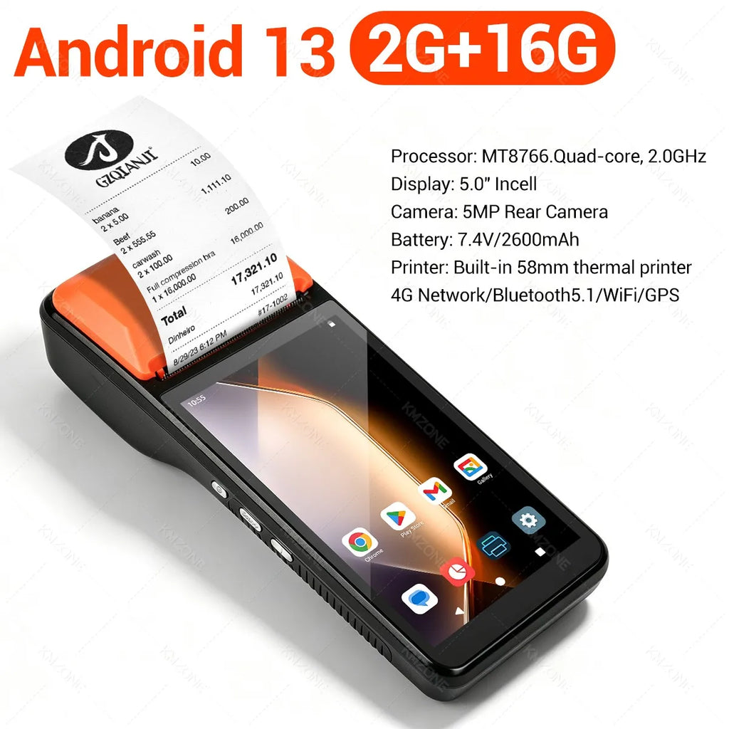 Android 13 Pos Terminal with Thermal Bluetooth Receipt Printer 5 Inch 4G Wifi with Camera POS PDA for Loyverse POS Retail Store