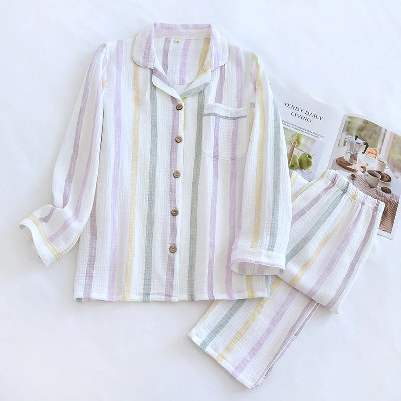 2026 Spring and Autumn Women's Pajama Set 100% Cotton Crepe Long sleeved Pants Two piece Cute and Sweet Home Fury Set Ladies