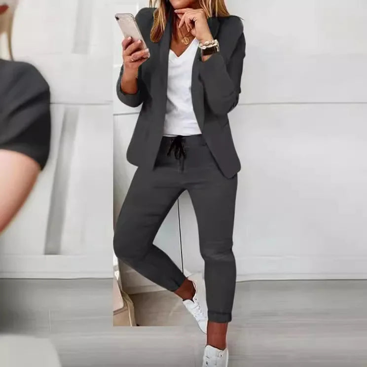 Office Lady Blazer And Lace-Up Pants Two Piece Set 2026 New Casual Fashion Solid Color Women's Set Conjuntos De Mujer Streetwear