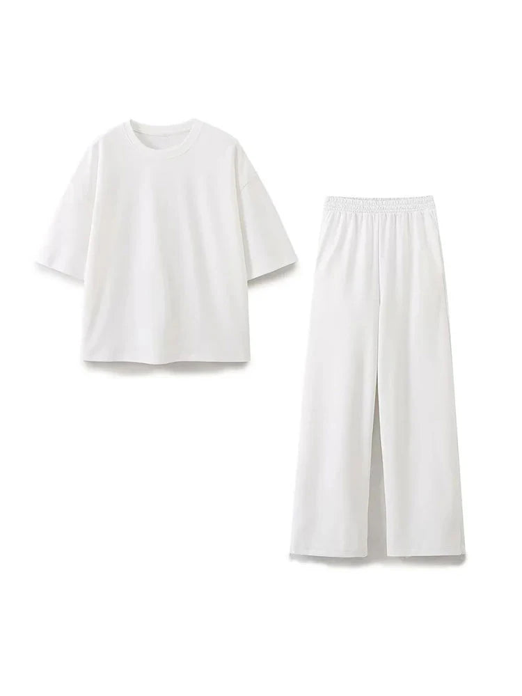 HH 2024 Women's Solid Casual T Shirts Pant Set Short Sleeves O-Neck T-Shirt Top+Lace-up Loose Side Pockets Straight Pant