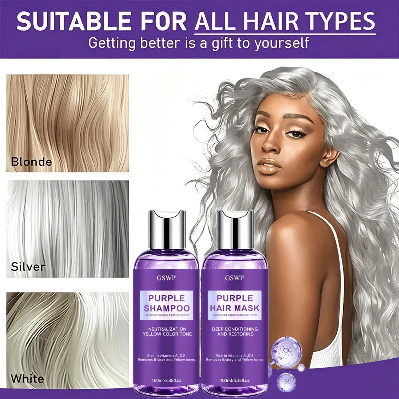 GSWP Purple Shampoo & Hair Mask Set, Neutralize Yellow & Brassy Tones, Deep Conditioning Repair Damaged Hair.100+100ml